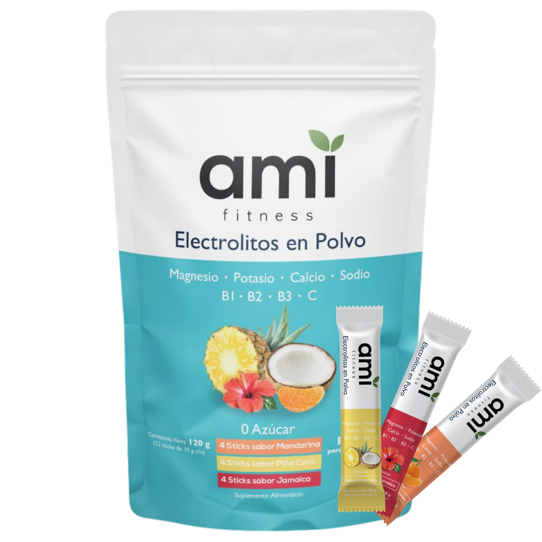 Ami Fitness Electrolitos y Vitaminas en Polvo, Multipack de 12, Sin Azúcar, Sabores de Aguas Frescas (Mandarina, Jamaica, Piña Coco)